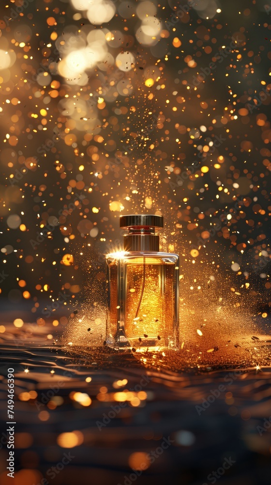 Perfume glass bottle with golden glitter and bokeh background Perfume glass bottle with golden glitter and bokeh background