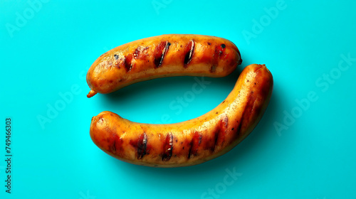 Grilled sausages on blue background