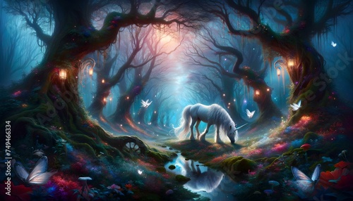 Mystical enchanted forest scene with a magical white unicorn at twilight