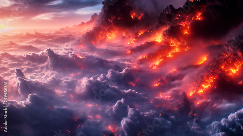 Epic lava flow amidst cloudscape at sunset