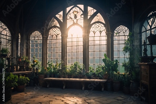 Magic medieval Greenhouse with cinematic lighting with a big windows.