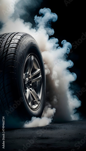 a pair of car tires from the side in smoke on a black background