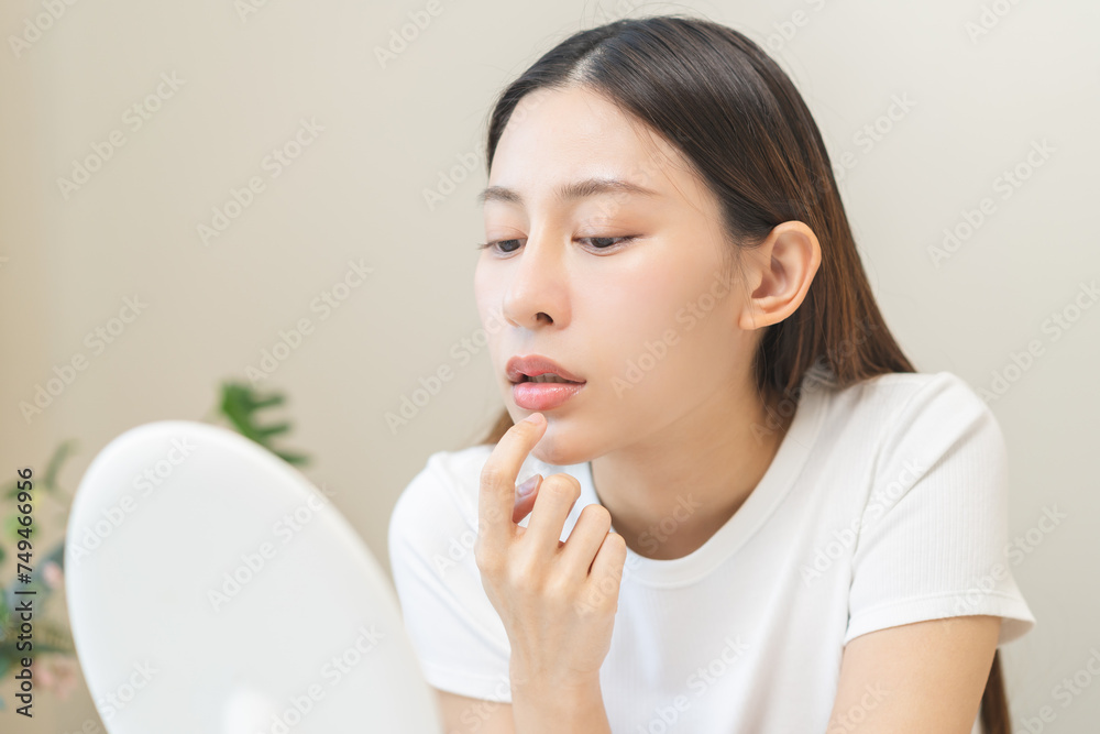 Lip care concept, worried asian young woman finger touching lips in front of mirror after applying lipstick balm on dry mouth from natural beauty product, skincare routine, makeup and cosmetics. Lip care concept, worried asian young woman finger touching lips in front of mirror after applying lipstick balm on dry mouth from natural beauty product, skincare routine, makeup and cosmetics.