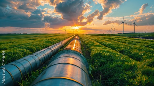 Fuel supply pipeline in green field with setting sun and cloudy sky photo