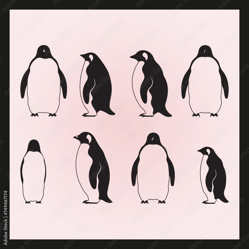 Naklejka premium Penguin silhouette set Clipart on a hex color background