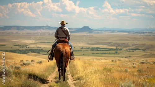 A solitary cowboy rides a horse across a tranquil, expansive prairie with rolling hills under a wide, cloud-filled sky.