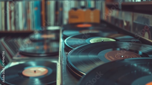 vinyl records on a shelf 