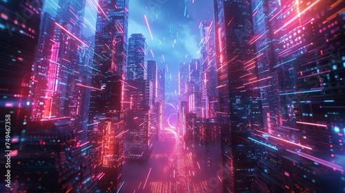 A vibrant and dynamic neon cityscape  depicting a futuristic urban scene with bright lights and fast-moving data streams.