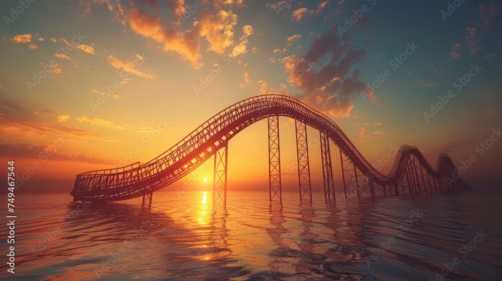Obraz premium An imaginative scene of a roller coaster track extending over serene waters under a beautiful sunset sky.