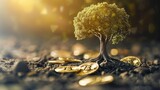 A miniature tree growing amidst golden cryptocurrency coins, depicting investment growth and the potential of digital currency.
