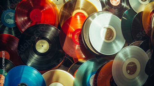 a shot looking down on colorful vinyl records with natural sunlight