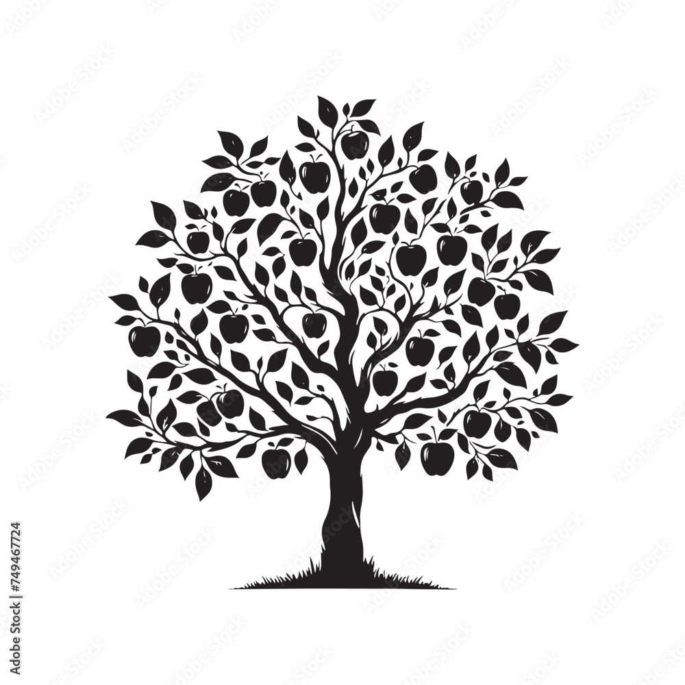 Timeless Elegance: A Majestic Apple Tree Silhouette Standing Tall Against the Sky - Apple Tree Illustration - Apple Tree Vector
