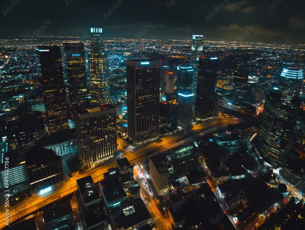 An aerial view captures the vibrant energy of a city at night, with illuminated streets and buildings forming a glowing grid