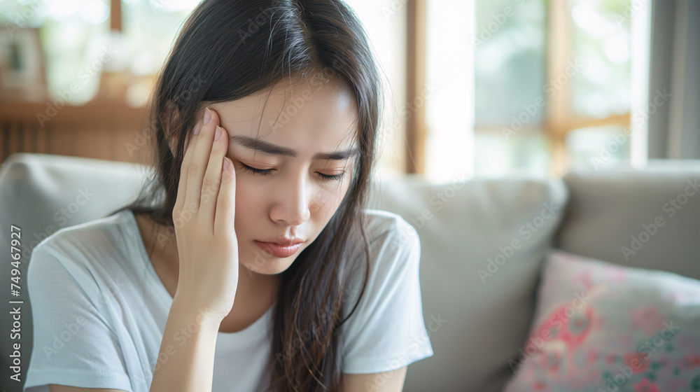 Dizzy Asian Young Woman with Headache at Home Dizzy Asian Young Woman with Headache at Home