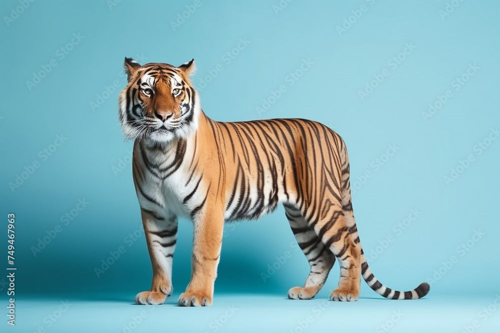 Obraz premium a tiger, cute, scary, isolated on pastel blue background, with copy space for text