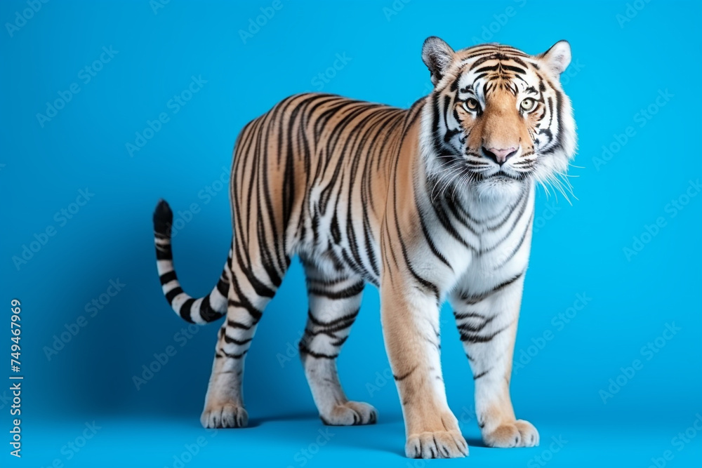 Obraz premium a tiger, cute, scary, isolated on pastel blue background, with copy space for text