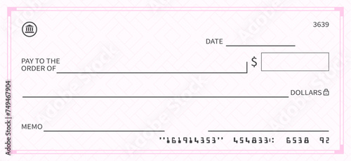 Bank check, vector blank money cheque, checkbook template with seamless pattern and border. Blank bank check for dollar currency payment coupon, Blank money check in pink color vector illustration