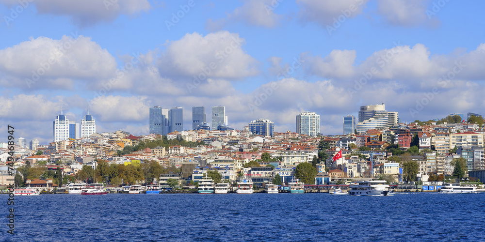 Skyline of Besiktas viewed from the Bosphorus, Istanbul, Turkey