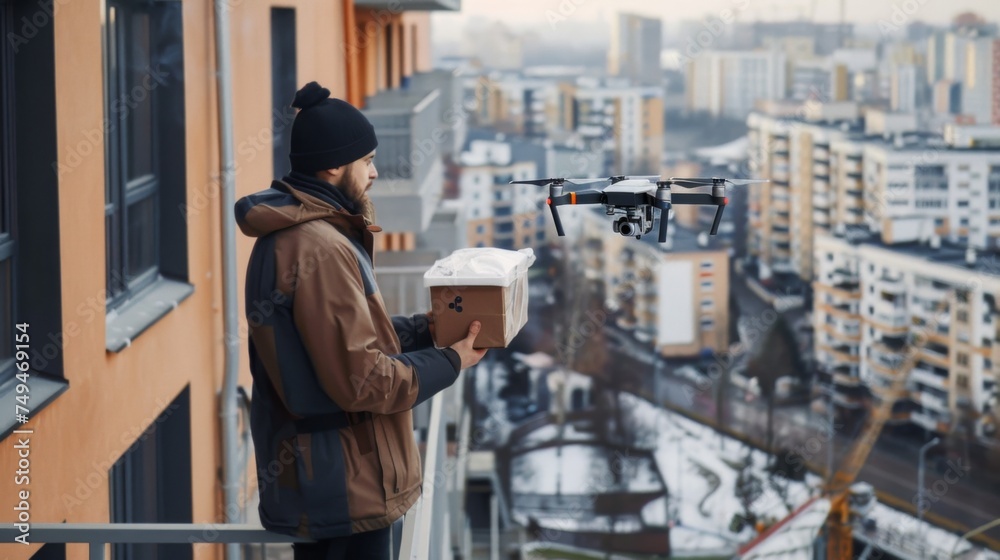 Modern drone delivering a package to a man standing on a balcony of a residential high-rise on a chilly winter day in the city.