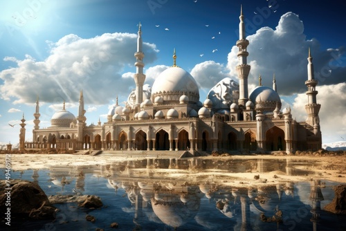 an illustration of the view of a magnificent mosque in the desert with a lake in front of it © Nico