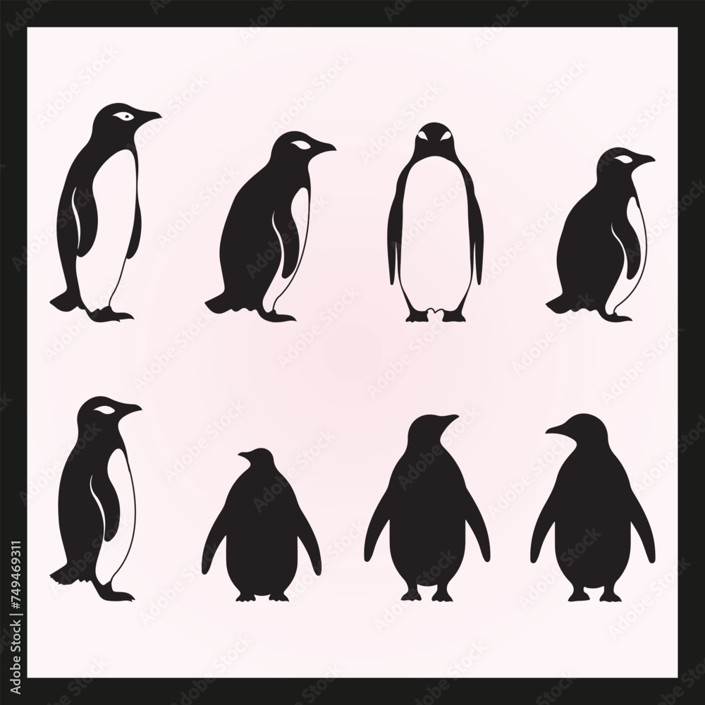 Obraz premium Penguin silhouette set Clipart on a hex color background