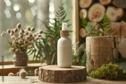 A spray bottle made from recycled materials among green plants, eco-friendly or sustainability initiative. Skin Insect Spray.