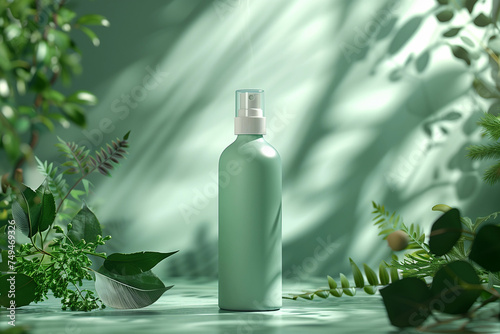 A spray bottle made from recycled materials among green plants, eco-friendly or sustainability initiative. Skin Insect Spray.