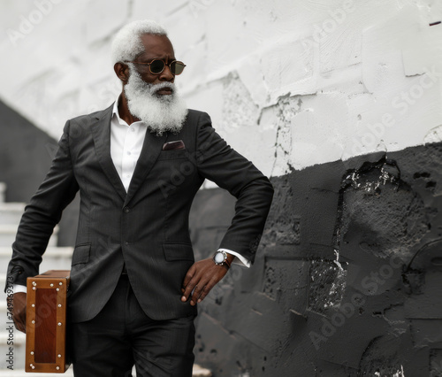 Portrait of an afro businessman with a briefcase in his hands against the backdrop of a university. photo