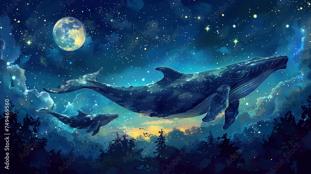 Naklejka premium Gentle giants of the sea, whales, bask in the glow of a luminous moon, swimming amidst the stars in the tranquil expanse of the night sky.