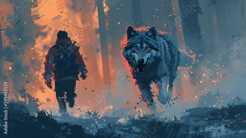 In an intense moment of survival, a man races through the wild with a fierce wolf in hot pursuit amidst a backdrop of fiery splatter and forest shadows.