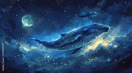 Majestic whales soar gracefully through a celestial ocean sky, with the moon casting a serene glow over the dreamlike marine cosmos. © Sak