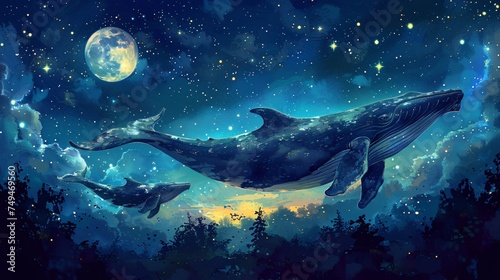 Gentle giants of the sea  whales  bask in the glow of a luminous moon  swimming amidst the stars in the tranquil expanse of the night sky.