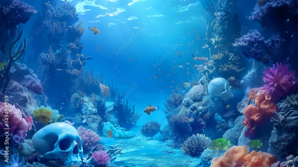 Fototapeta premium Skulls on the underwater with the colorful, Illustration