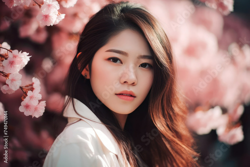 Beautiful asian girl with cherry blossom background