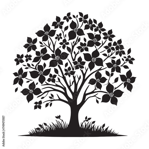 Symbol of Renewal: A Hopeful Dogwood Tree Silhouette Blooming Anew - Dogwood Tree Illustration - Dogwood Tree Vector
