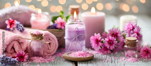 Spa essentials: Pink towels, aromatic candles, and flowers create a serene setting for relaxation and wellness.