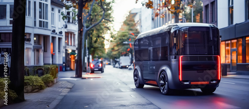 Autonomous electric shuttle bus glides through city streets at dusk, its illuminated outlines highlighting modern urban transportation. A pedestrian walks nearby.