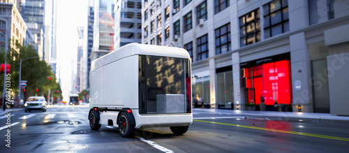 Autonomous electric delivery vehicle on city street, modern architecture, eco-friendly transportation, urban landscape.