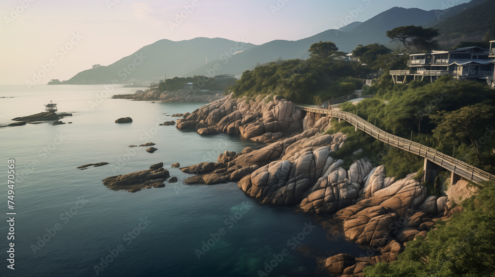 Sunset Serenity: Mountain's View of Coastal Beauty with Rocks, Waves, and a Colorful Sky Overlooking the Bay