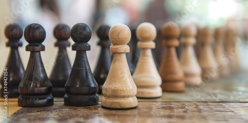 Chess Pawns Lined Up on Wooden Board 