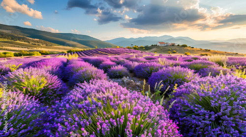 Lavender fields in full bloom, highlighted by the golden rays of a setting sun, with rolling mountains and a solitary house in the backdrop, encapsulating serene beauty.