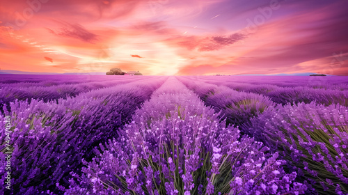 Lavender fields at sunset  vibrant purple flowers against a dramatic sky painted with hues of pink  orange and purple  creating a tranquil and mesmerizing landscape.
