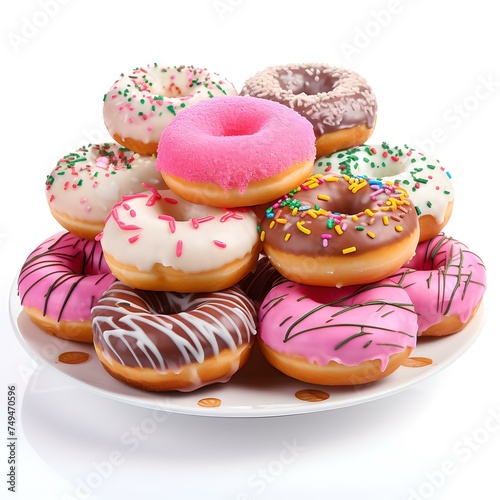 Assorted colorful donuts on a white plate with various toppings