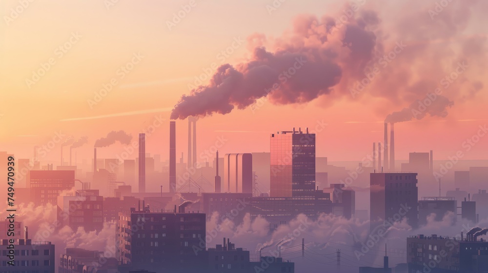 Industrial Pollution: Factory smokestacks emitting thick smoke in an industrial zone.
