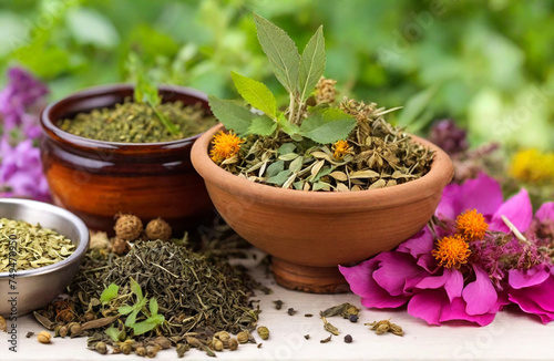 Indian herbal medicine close up on background
