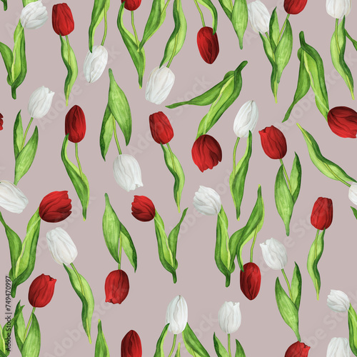 Hand-drawn watercolor illustration. Seamless pattern with flowers - white and red tulips. Spring and summer floral pattern. Beige background