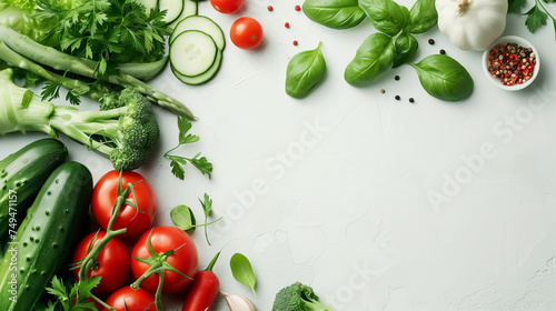 Healthy food products top view, food background, free space