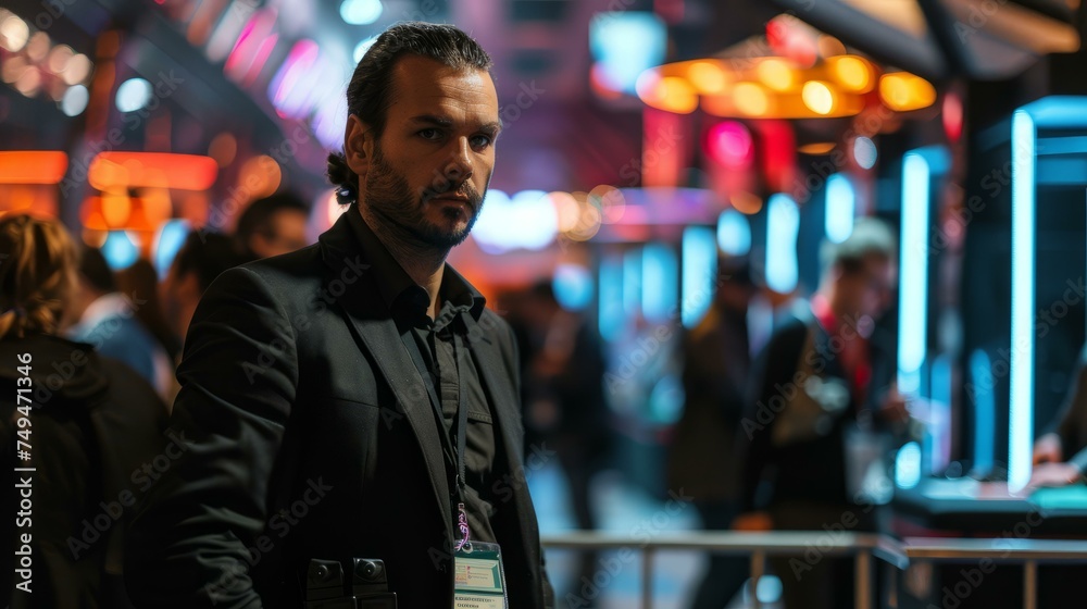 Security Presence: Muscular guard in black suit monitors queue at poker event, unarmed.