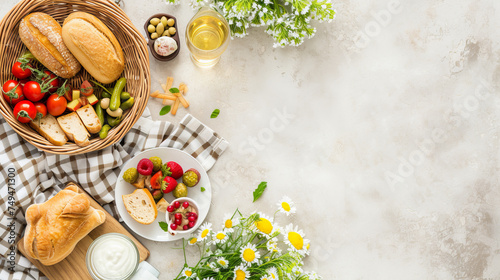 Tasty breakfast top view, food background, free space photo