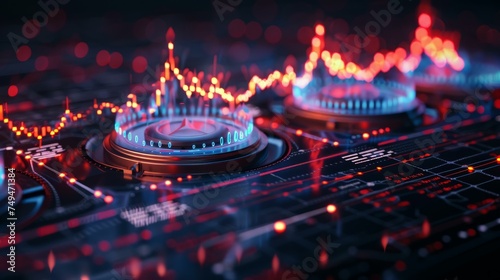 Concept of rising natural gas prices illustrated by gas burners and stock market charts.